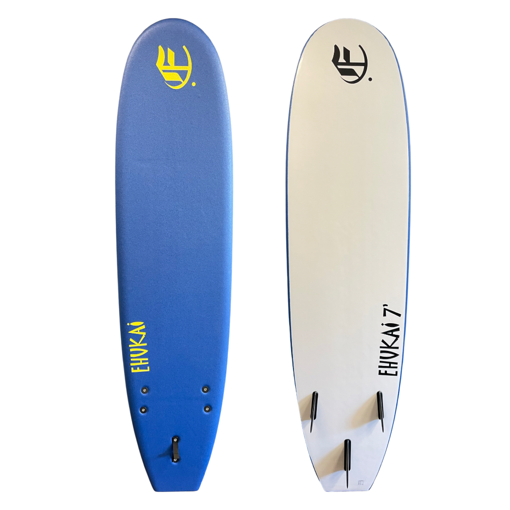 7' Soft top surf board by Empire with Blue Deck yellow stamps, White Slick black stamps